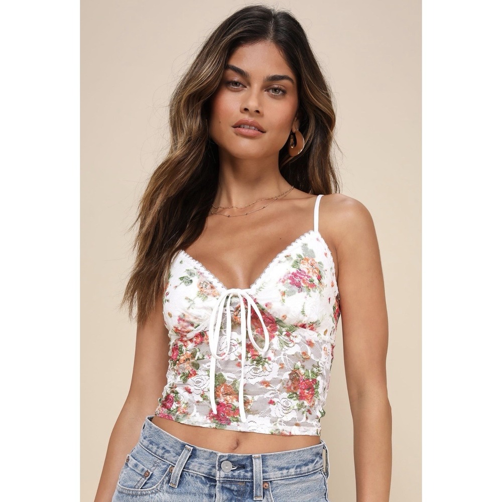 Y2K Coquette White Lace Floral Babydoll Top Fairycore Romantic V-Neck Women's XS